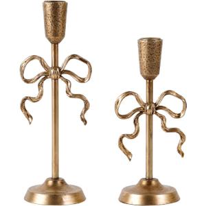 NIKKY HOME Gold Bow Iron Taper Candle Holders Set of 2, Vintage Decorative Tall Candlesticks Stand Centerpieces Decor for Dining Room Table Wedding Party Mantle Fireplace Housewarming Gift
