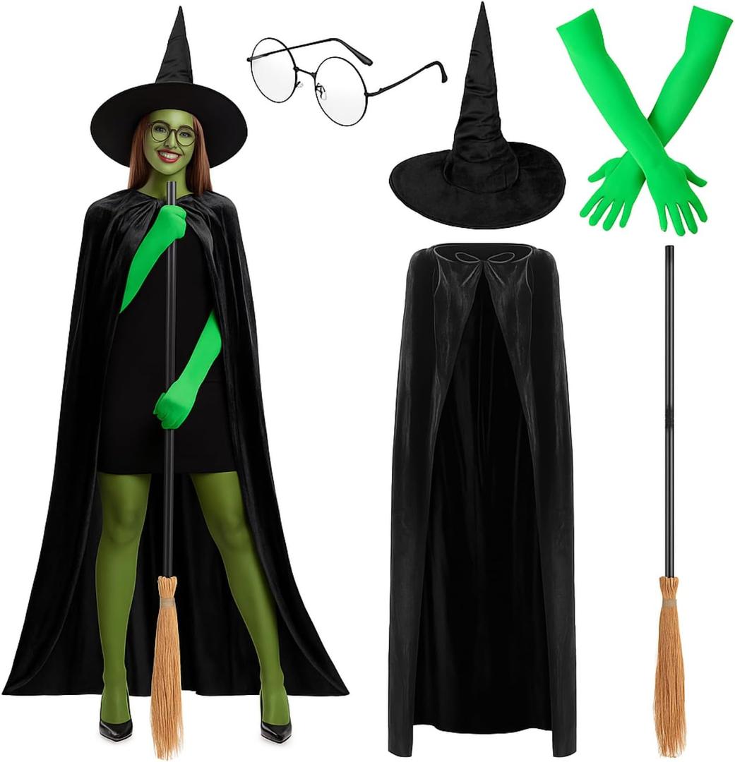 Mepase 5 Pcs Halloween Green Witch Costume Accessories Include Black Cloak Cape Witch Hat Glasses and Broom Gloves for Women Adult Halloween Movie Cosplay Props Role Playing Party Outfits Props