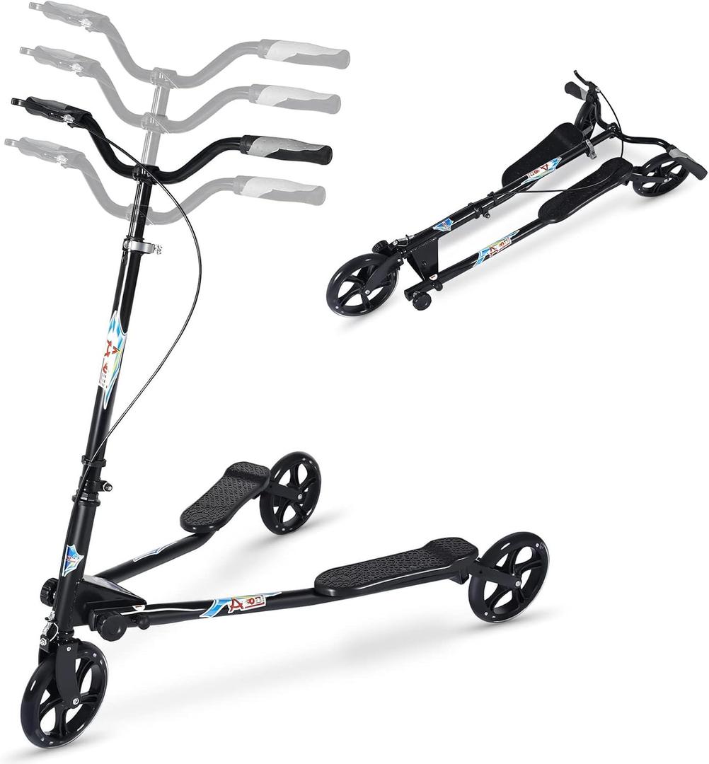 3 Wheel Foldable Scooter Swing Scooter Tri Slider Kick Wiggle Scooters Push Drifting with Adjustable Handle for Boys/Girl/Adult Age 8 Years Old and Up (Black)