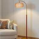 65” Walnut Gold Boho Floor Lamp for Living Room, 1200 Lumens 3-Level Brightness Rattan Floor Lamp for Bedroom, Wood Mid Century Modern Arc Standing Lamp, Rattan Tall Lamp, LED Bulb Included