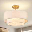 16-inch Double Drum Ceiling Light Fixture for Hallway, Living Room | 2-Layer Linen Shade, Gold Base, Semi Flush Mount Close to Ceiling, 3-Light E26 Socket, Hardwired, 120V