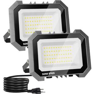 Leddictive 2 Pack LED Flood Lights Outdoor, 50W 5000LM Super Bright Floodlight Outside Work Light with 5.9FT Plug, IP65 Waterproof 6000K Outdoor LED Flood Light for Garage, Yard, Lawn, Garden