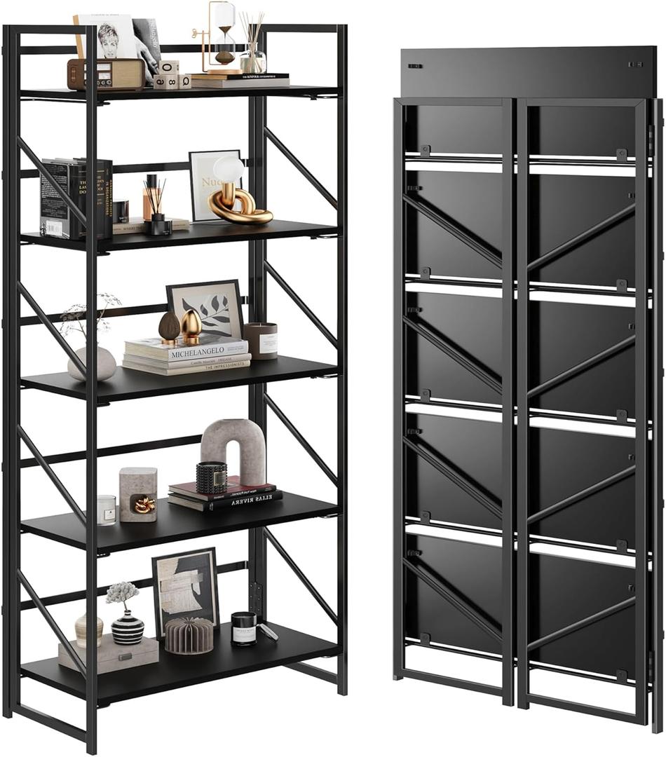 JSB No Assembly Folding Bookshelf, 5 Tier Industrial Metal Book Shelf for Storage, Vintage Wood Foldable Bookcase for Living Room, Bedroom, Office Organization Shelves (Black) JSB No Assembly Folding Bookshelf, 5 Tier Industrial Metal Book Shelf for Storage, Vintage Wood Foldable Bookcase for Living Room, Bedroom, Office Organization Shelves (Black)