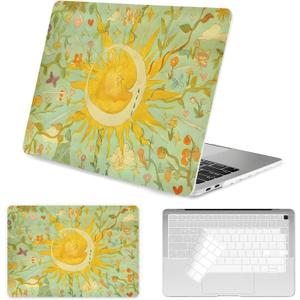 Seorsok Compatible with MacBook Air 13 Inch Case 2022 2021 2020-2018 Release A1932 A2179 M1 A2337,Colorful Retro Oil Painting Printed Flower&Sun Plastic Hard Case& Keyboard Cover,Vintage Green, Air13A1932 A2179 M1 A2337