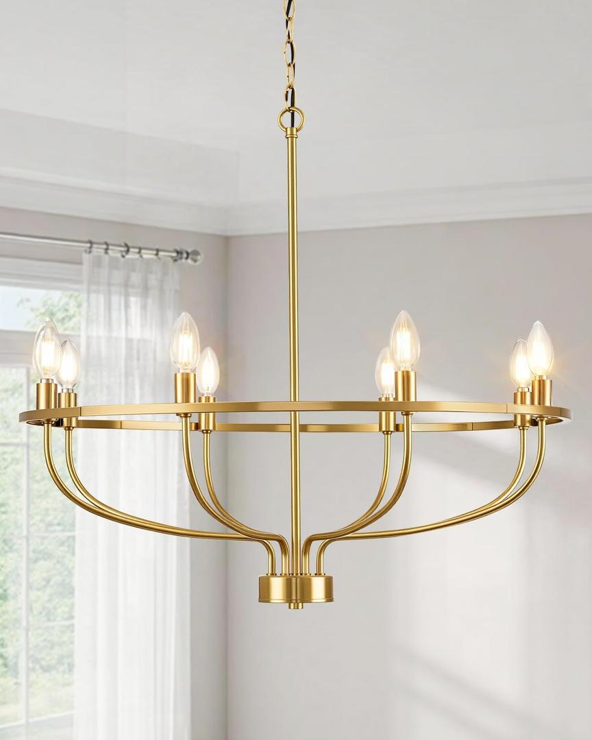 Yunnix 8 Light Gold Chandeliers for Dining Room, Gold Dining Room Chandelier with Extension Chain, UL Listed, Gold Modern Farmhouse Chandelier for Bedroom, Kitchen, Entryway, Foyer Light Fixture