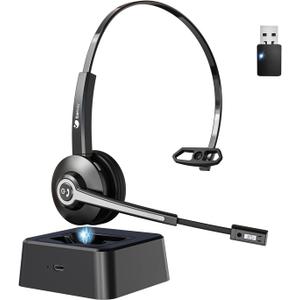 Wireless Headset with Mic for Work, Trucker Bluetooth Headset with Microphone Noise Canceling & USB Dongle, Wireless Headphones with Mic Mute & Charging Base for Work/PC Computer/Phones/Office/Meeting