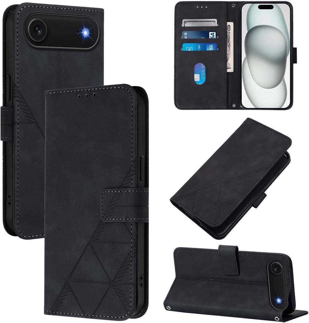 for iPhone 17 Air Leather Case, Geometric Patterns Wallet Case with 3 Card Slots, Magnetic Closure Kickstand Flip Phone Case Shockproof Cover, Black