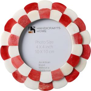 Handicrafts Home Scalloped Bone Inlay Picture Frame 4x4 Handmade Round Decorative Photo Frame, Red & White Boho Desk & Shelf Decor, Vintage Style Small Frame for Nursery, Home Styling & Gift