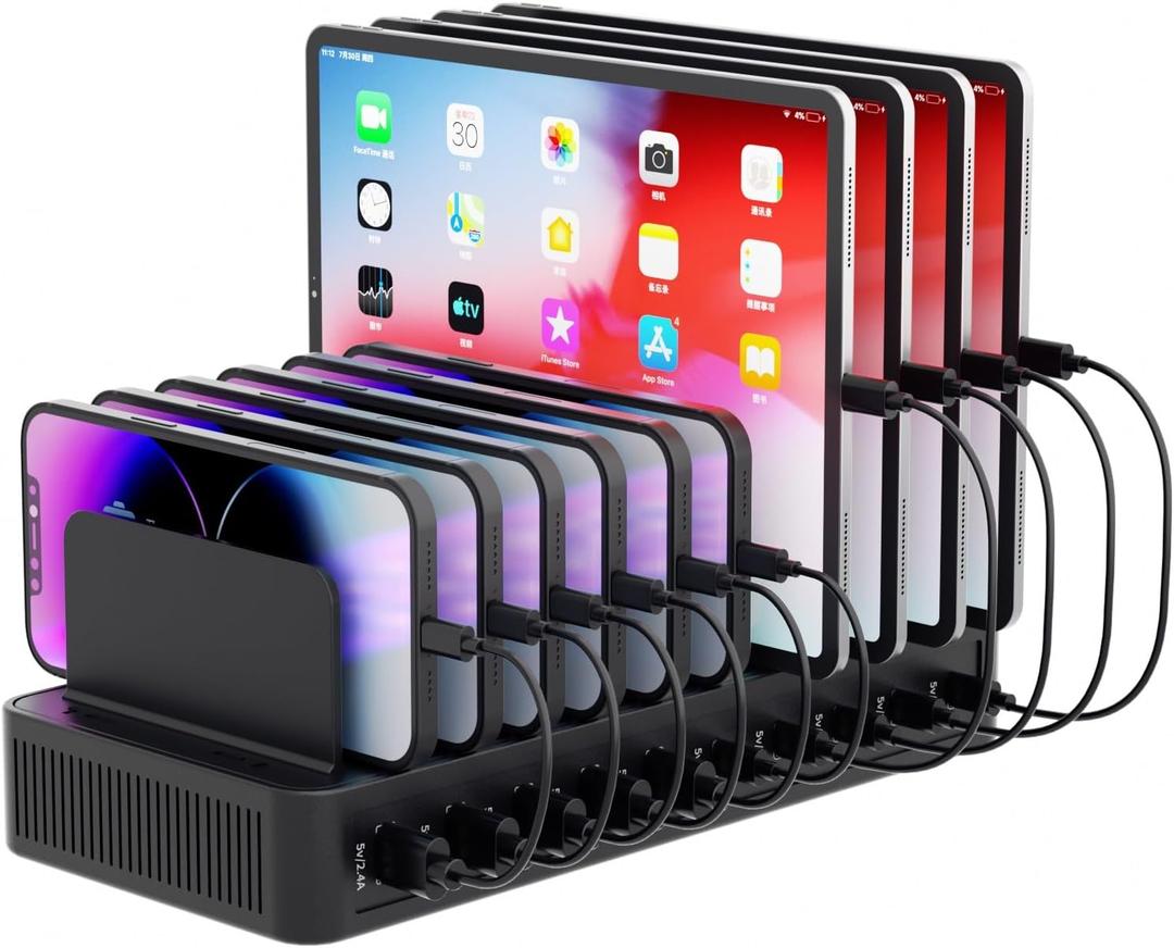60W Charging Station for Multiple Devices, 10-Port USB Fast Charging Station with Adjustable Dividers - Device Organizer Charging Dock for iPhone, Android, iPad, Tablets & More (Black)