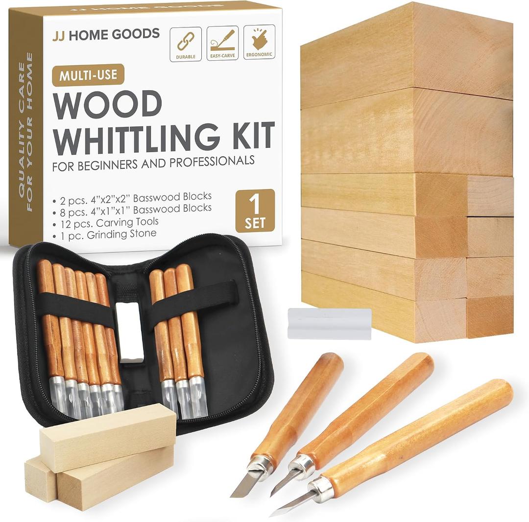 JJ CARE Wood Carving Kit, 24pcs Wood Whittling Kit with 12 SK2 Steel Carving Knives, 10 Basswood Blocks, 1 Grinding Stone & Storage Case, Gift Set for Beginners & Adults