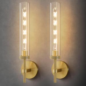 Brass Knurled Tube Wall Sconce - Set of 2 Luxury Modern Glass Sconces with Bulbs - Gold Dimmable Indoor Lighting - Vertical Mounted Light Fixture for Vanity Mirror Bathroom Bedroom Living Room Hallway