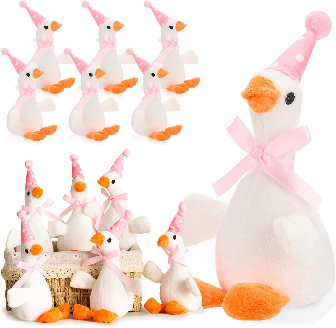 12 Pcs Silly Goose Plush Stuffed Animal Toy Birthday Decorations 8 inch One Silly Goose Baby Shower Party Favor Soft Duck Stuffed Animal with Birthday Hat for Girls Funny Party Supplies (Pink)