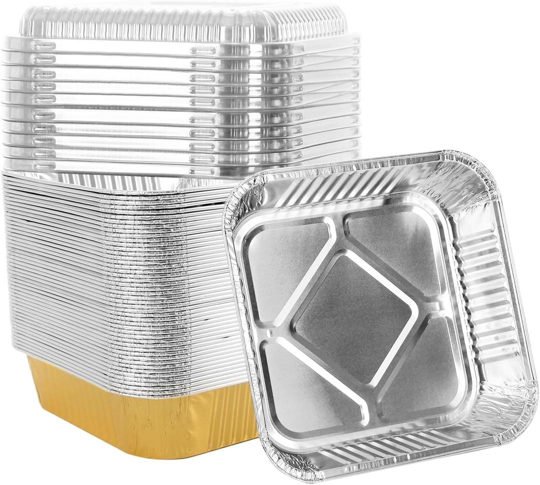 50 Pack 8"x8" Aluminum Pans with Plastic Lids,Disposable Tin Foil Pan For Cooking Baking Cakes Breads Square Food Containers for Heating Roasting Preping Storing,Gold