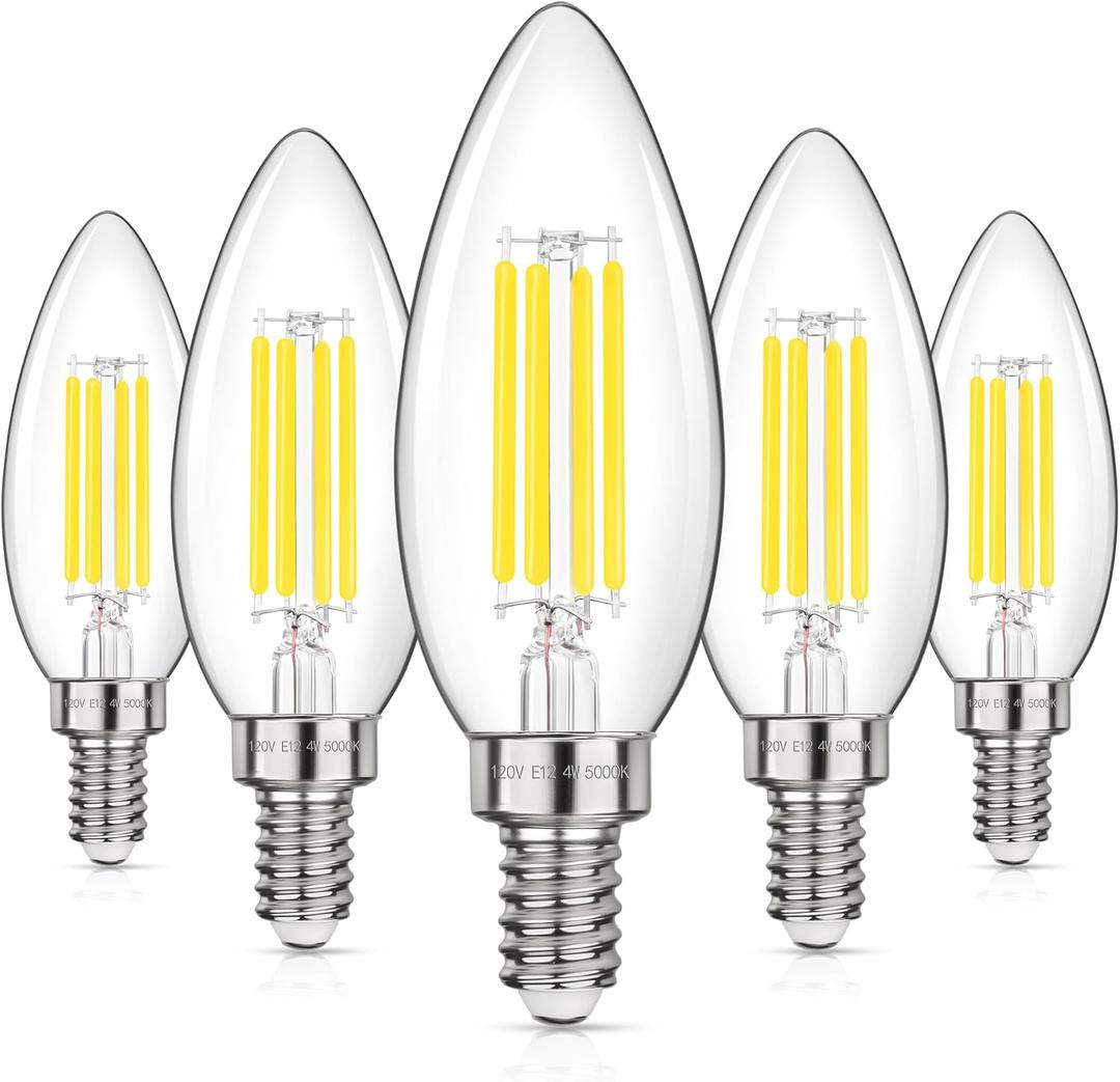 GGOYING E12 LED Candelabra Light Bulbs 40W Equivalent, 4W B11 Candle Base Bulbs, Daylight White 5000K Chandelier Bulb, 500LM Clear Glass Filament Type B Bulb Non-Dimmable, 5 Pack