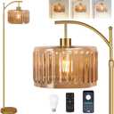 ILLMTW Glass Floor Lamp for Living Room,Bedroom,Gold Mid Century Modern Standing Lamp with Remote,Dimmable Brass Tall Lamp Amber Flower Lamp Vintage Floor Lamps Arc Floor Light Boho Bohemian