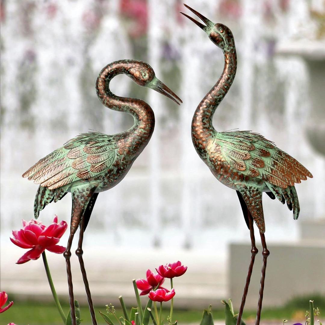 Shorayn Garden Crane Statues, Blue Heron Sculptures for Outdoor, Cranes Decor Metal Bird, Patina Garden Art Lawn Ornaments for Yard Patio Porch Outside Decorations, 29.1 Inches