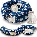 Cat Tunnel for Indoor Cats, Cute Peekaboo Cat Cave with Dangling Balls, Pet Donut Tunnel Bed with Circle Mat for Puppy Kitten Rabbit, Blue Paw (Round)