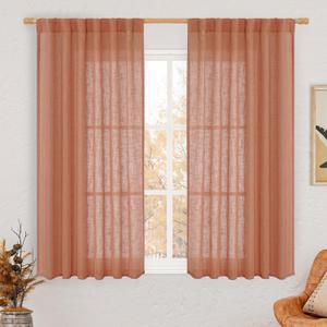 LAMIT Light Filtering Linen Curtains 54 inches Long for Bedroom, Linen Textured Semi Sheer Back Tab and Rod Pocket Terracotta Boho Drapes for Living Room, 2 Panels, 52 x 54 Inch