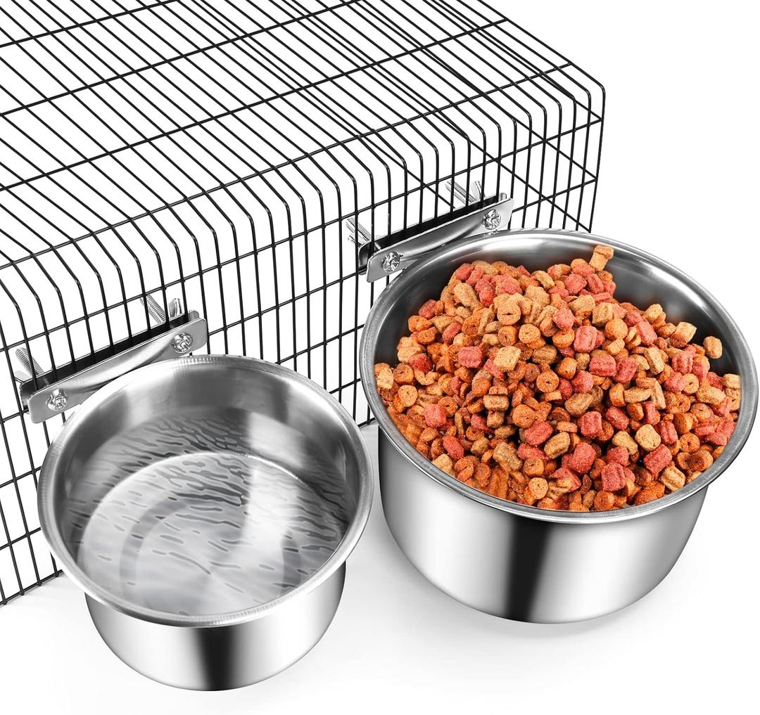 Crate Food and Water Bowl, ShineMe 2 Pack Stainless Steel Hanging Pet Bowls for Crates Kennels Cages, Metal Dog Crate Bowls Hanging No Spill for Medium and Large Pets (7.1 * 3.5 & 5.5 * 3.2) (Silver (7.1x3.5 & 5.5x3.2))
