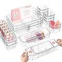 VDTEB Acrylic Expandable Desk Drawer Organizer with 11 Adjustable Compartments and  Removable Dividers Desk Accessories for Office Kitchen Bathroom Makeup and Utensil Junk Storage (Clear, 3Pcs)