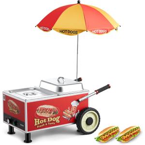 VEVOR Hot Dog Steamer Cart, 1200W Electric Stainless Steel Hot Dog Steam Machine, 86-203F Temp Adjustable, Portable Cart with Eye-Catching Umbrella & Wheels, for Bakeries, Food Stands, Parties