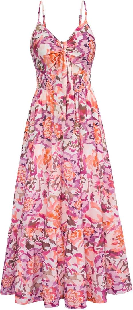 GRACE KARIN Women's 2025 Summer Maxi Dress Floral Tie Front Spaghetti Strap Casual Boho Beach Flowy Sundress with Pockets (Pink Purple Floral) S