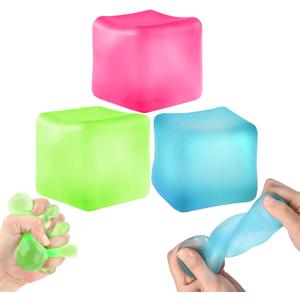 3Pcs Stress Cube Squishy Toys, Slow Rising Ice Cube Stress Balls, Sensory Fidget Toys for Anxiety Relief, Sensory Ice Cube Gel Filled Squishy Ball Toys for ADD/ADHD Kids Adults(Blue, Green, Pink)