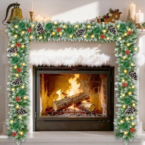 Christmas Garland with Lights 9 FT Artificial Christmas Garland 250 Pieces of Green Rattan Christmas Garland Holiday Artificial Decor for Stairs Wall Door Indoor Outdoor Garland