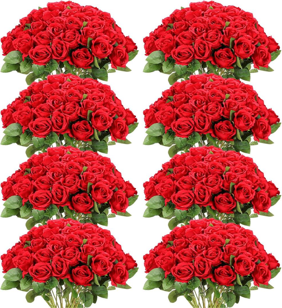 Hotop 120 Pcs Roses Artificial Flowers in Bulk,Long Stem Artificial Flower Bouquet,Silk Real Touch Fake Rose for Wedding Party Table Centerpieces Decor Valentines Gifts(Red)
