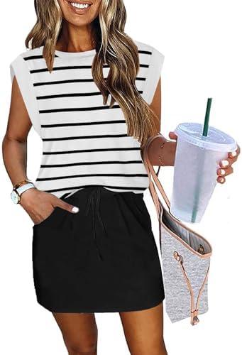 ETCYY NEW Womens Cap Sleeve Summer Dress Crew Neck Tie Front A-Line Dresses Double Layer Hem Mini Dress Size S