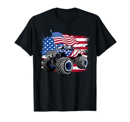 Monster Truck 4th of July Shirt Boys American Flag Men USA T-Shirt, L