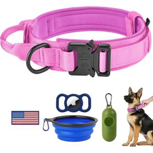 HYDEME Tactical Dog Collar Adjustable Nylon Collar with Control Handle and Heavy Metal Buckle for Medium and Large Dogs, with Patches&Airtags Case&Poop Bag Dispenser&Portable Bowl.(XL, Pink)