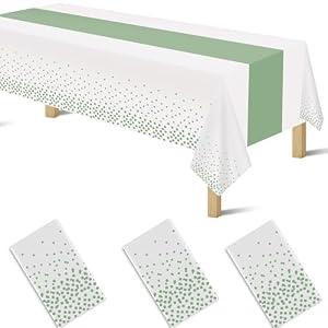 3 Pack 2in1 Disposable Plastic Tablecloths 54" x 108" White and Sage Green Dot Party Table Cloth Rectangle Table Cover for Wedding Birthday Baby Shower Anniversary Christmas New Year Party Decorations