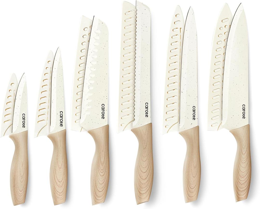 CAROTE 12PCS Knife set with Blade Guards,Granite Nonstick Ceramic Coating,Stainless Steel blade, Wooden Handle, Essential knife set,White (12pcs, White)