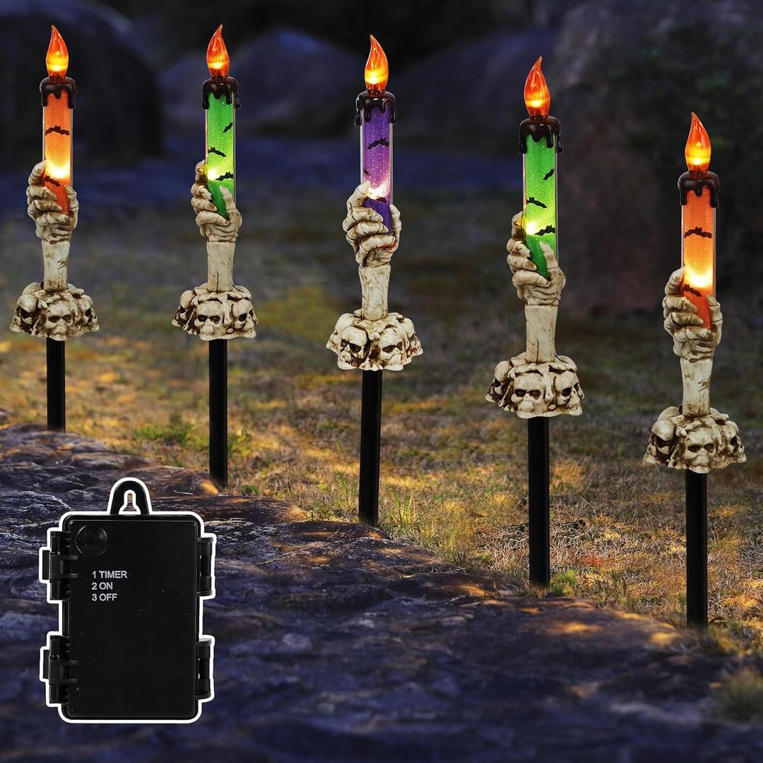 LJLNION Halloween Decorations, 5 Pack Halloween Garden Stake Lights, Tabletop Candle Light with Skeleton Ghost Hand, Waterproof & Battery Operated, Light Up Yard Stakes for Indoor/Outdoor Garden Decor
