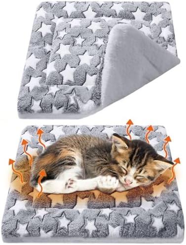 VitalCozy 2 Pack Self-Warming Cat Mat Self-Heating Pad Bed Reversible Machine Washable Reflects Body Heat Warm Thermal Pet Pad Crate Blanket for Feral and Indoor Cat (Grey, 12'' X 12'', Star)