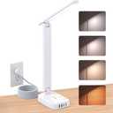 One Beat Small LED Desk Lamp Power Strip 10ft Extension Cord, 3 Outlets 4 USB Ports(2 USB C), 4 Modes, 5 Level Touch Lamp, Study Reading Light, Home Office Bedroom College Dorm Room Essentials, White