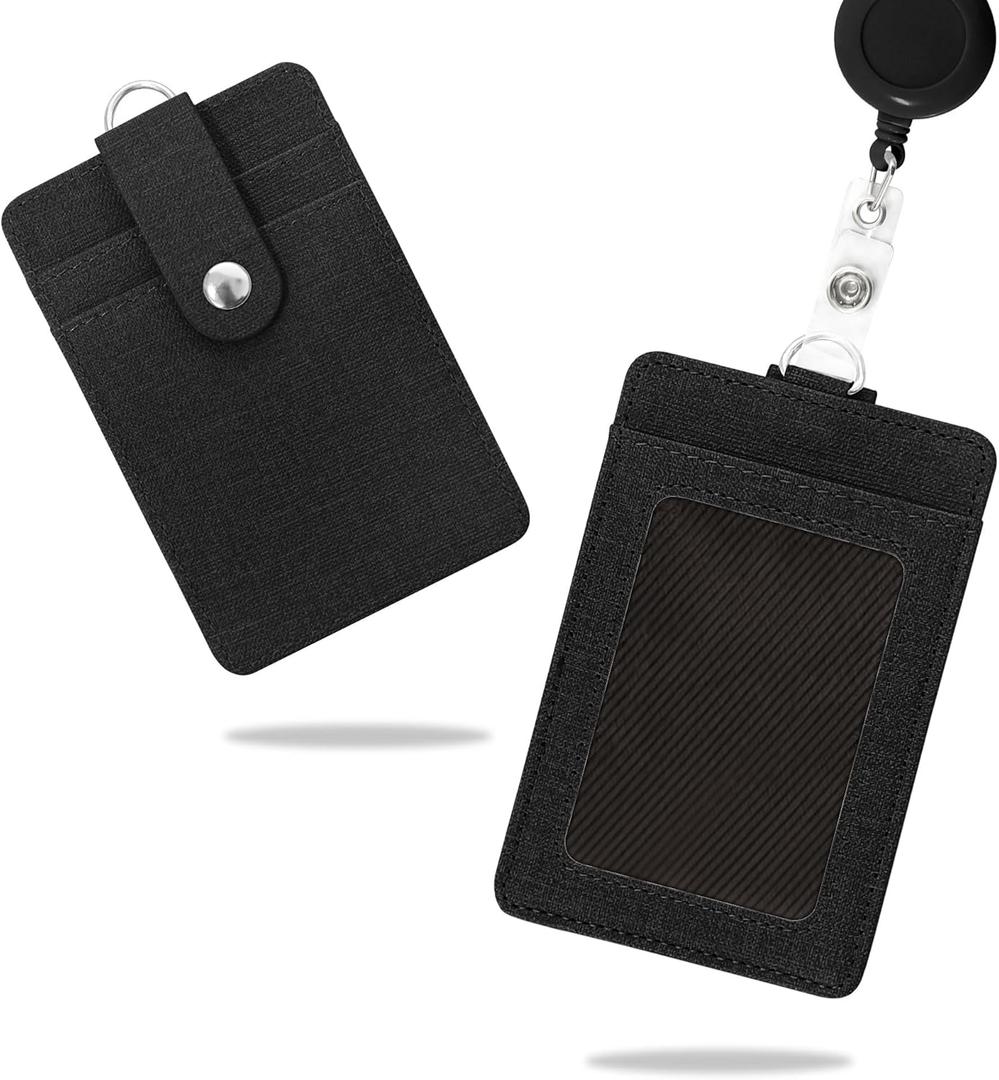 Conisy ID Badge Holder with Retractable Lanyard, Vertical PU Leather ID Badge Card Holder with 2 Card Slots for Women Men (ID Badge Holder Black)