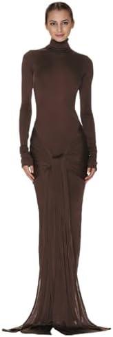 JUMISEE Women's Sexy High Neck Long Sleeve Maxi Dress Elegant Tie Waist Bodycon Long Dress Cocktail Party Dress Small, Coffee 