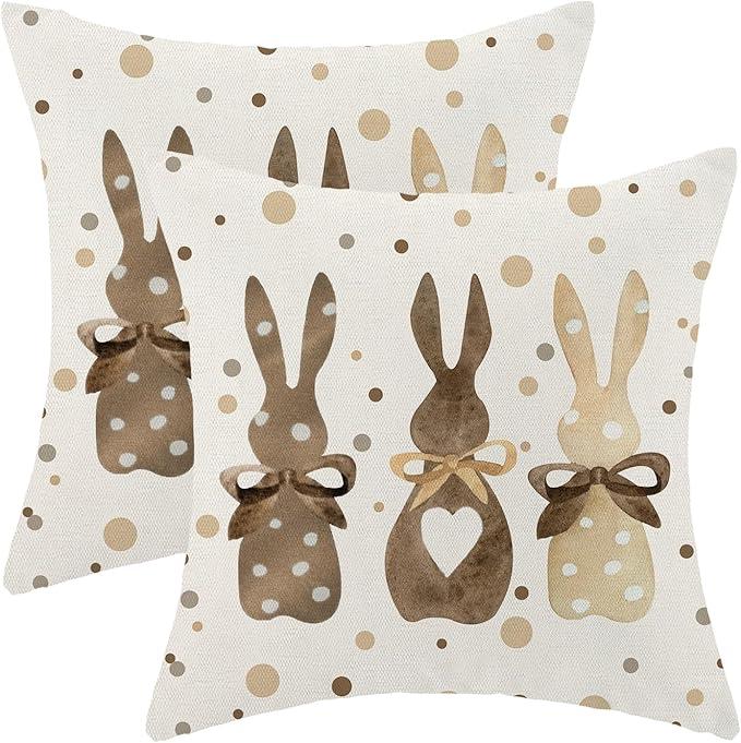 CXMEIFLY Easter Pillow Covers 18x18 Inch Set of 2 for Vintage Polka Dots Bunny Decor Throw Pillows Spring Bow Rabbit Outdoor Farmhouse Decorative Cushion Cases for Couch Bed Decoration