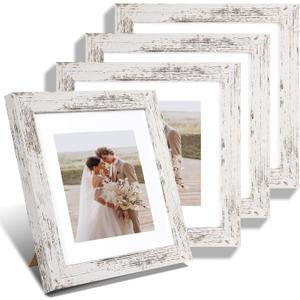 8x8 Picture Frames Set of 4, Made of Glass and Distressed White Wooden Frame - Display Picture 6x6 with Mat or 8 x 8 Without Mat, 8 by 8 Photo for Wall or Tabletop
