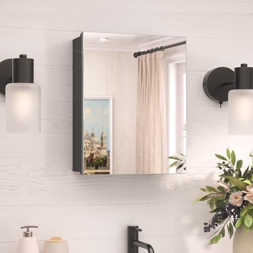 TokeShimi 14 x 18 Black Medicine Cabinet with Mirror Tempered, Aluminum Mirror Medicine Cabinet Wall Mounted or Recessed with Stepless Adjustable Amply Storage Metal for Modern Farmhouse