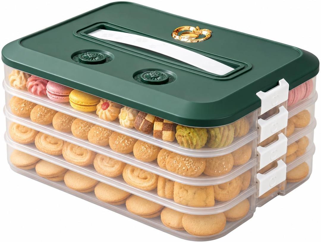 LOEZ Cookie Carrier, 4-Tier Cookie Storage Container with Lid, Green, 12"L x 9"W x 5.71"H