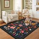 Area Rug for Living Room, 4x6Ft Washable Rug, Floral Low Pile Non-Slip Carpet for Bedroom Office Playroom Entryway Kitchen Dining Room, Black