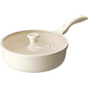 Redchef Nonstick Deep Frying Pan with Lid, Ceramic Saute Pan Skillet, PFOA PFOS Free, Induction Compatible, Stay-Cool Helper Handle, Tempered Glass Cover, Dishwasher Safe, Beige (3.7Qt, 10")