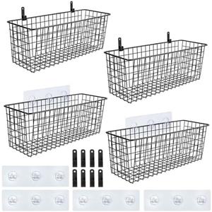 4 Set [EXTRA LARGE] Hanging Wall Mount Storage Baskets w/Adhesive Hooks & Steel Hooks, Multiuse Sturdy Wire Metal Organizing Baskets for Home Kitchen Bathroom Pantry Utility Laundry Organizer, Black