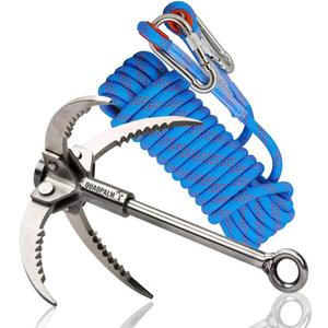 Grappling Hook with 10m Rope  Multifunctional QUADPALM Grapple Hook - 4 Stainless Steel Folding Claws - Heavy Duty - Outdoor Camping Hiking Tree Rock Mountain Climbing Equipment (blue)