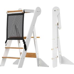 COSYLAND Toddler Standing Tower Foldable Toddler Kitchen Step Stool | Adjustable Height Folding Step Stool for Kids Learning & Cooking - Ages 18 Months to 6 Years with Safety Net Natural & White, 16.73"D x 35.4"W x 0.01"H