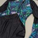 SELINK Women's Long Sleeve Rash Guard UV Protection Zipper Printed Surfing One Piece Swimsuit Bathing Suit (Small, Green Leaf Print)