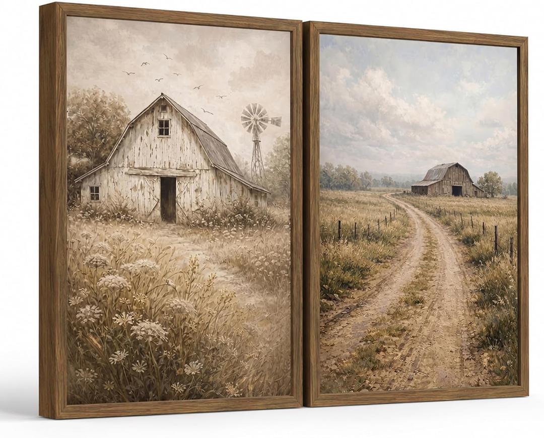 Farmhouse Wall Art Set of 2, Vintage Rustic Barn Landscape Canvas Prints, 16x24 Inches